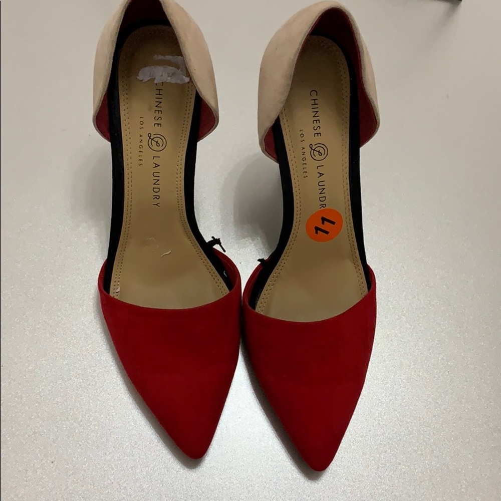 NEW SEXY RED AND TAN HEELS W/BLK HEEL